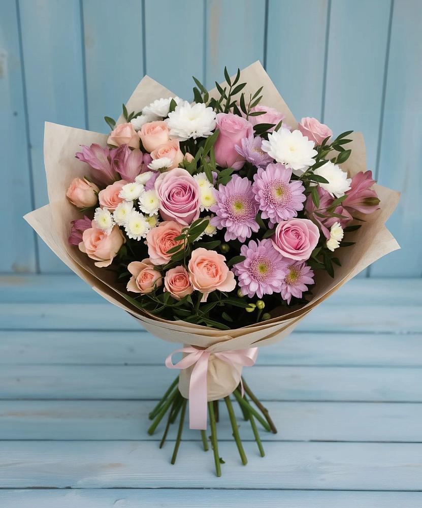 Букет цветов из: Хризантемы, Розы и Альстромерии в Красной Горке