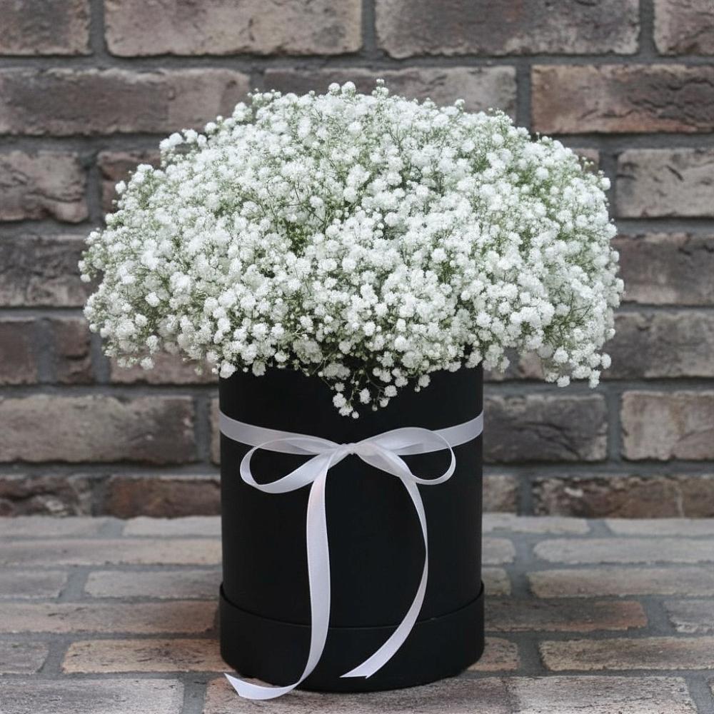 Цветочная композиция из Гипсофила в шляпной коробке в Красной Горке