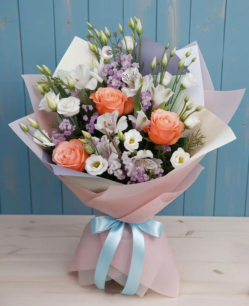 Букет цветов из: Лизиантусы, Розы, Альстромерии и Гипсофила в Красной Горке