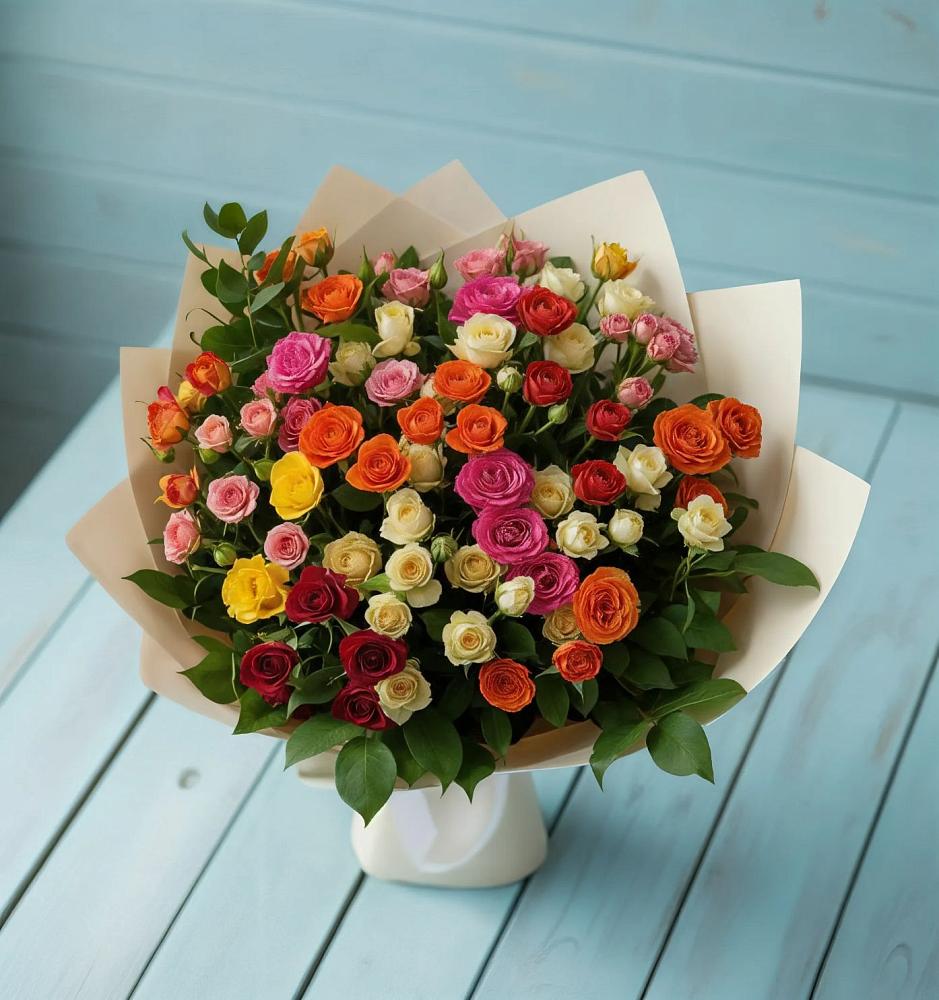 Букет Микс из разноцветных кустовых роз в Красной Горке