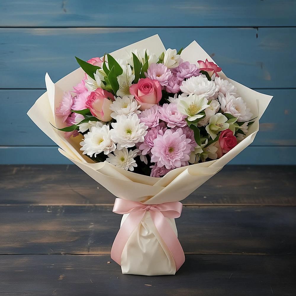 Букет цветов из: Хризантемы, Альстромерии и Розы в Красной Горке